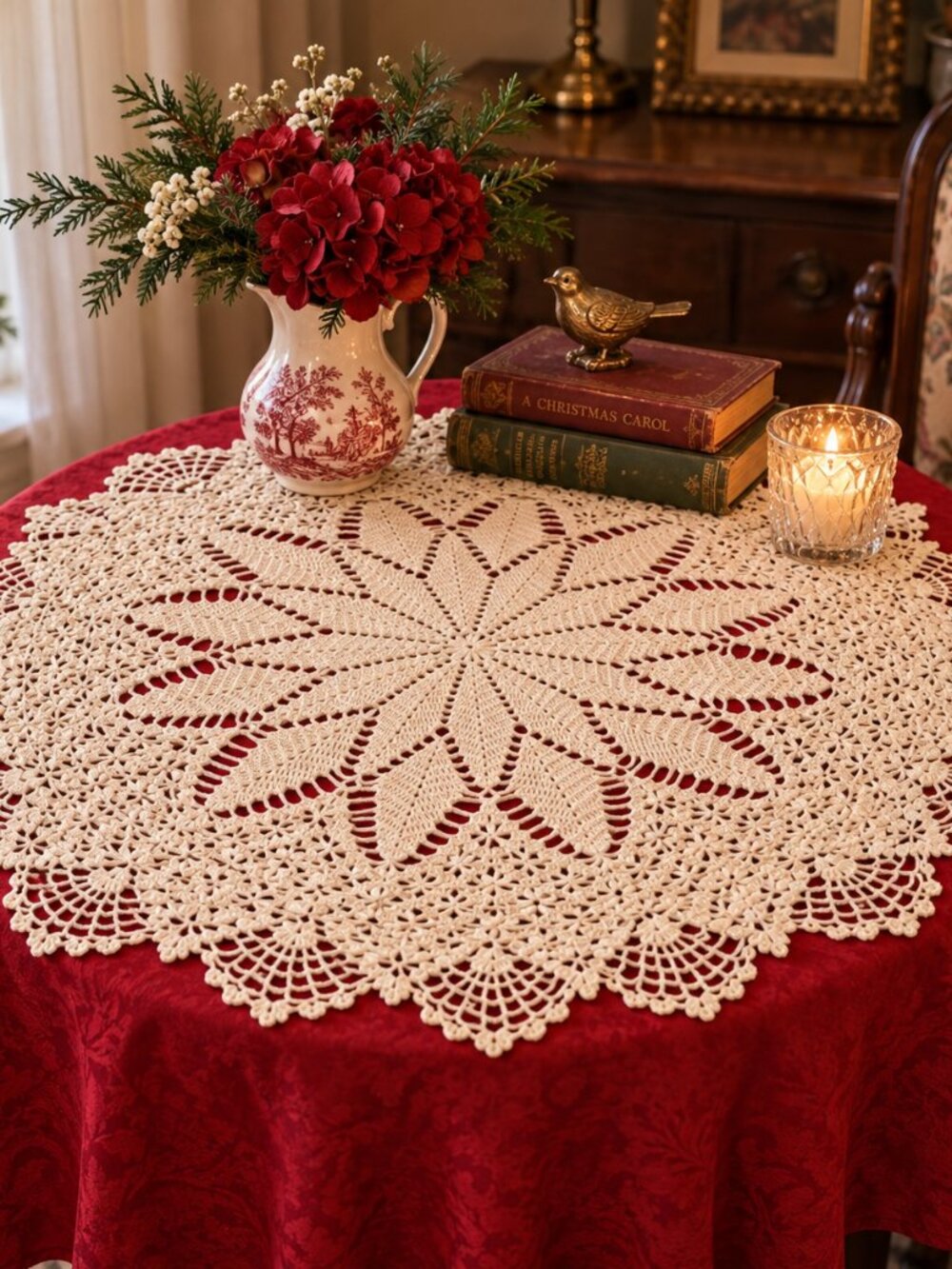 Vintage Hand Crocheted Ecru Cotton Doily 26" Large Floral Lace Doily